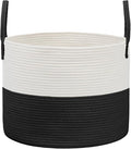 65L Extra Large Blanket Basket for Living Room - Woven Cotton Rope Laundry Hamper with Reinforced Handles - Storage Bin for Pillows, Comforters & Toys - Machine Washable,White&Black