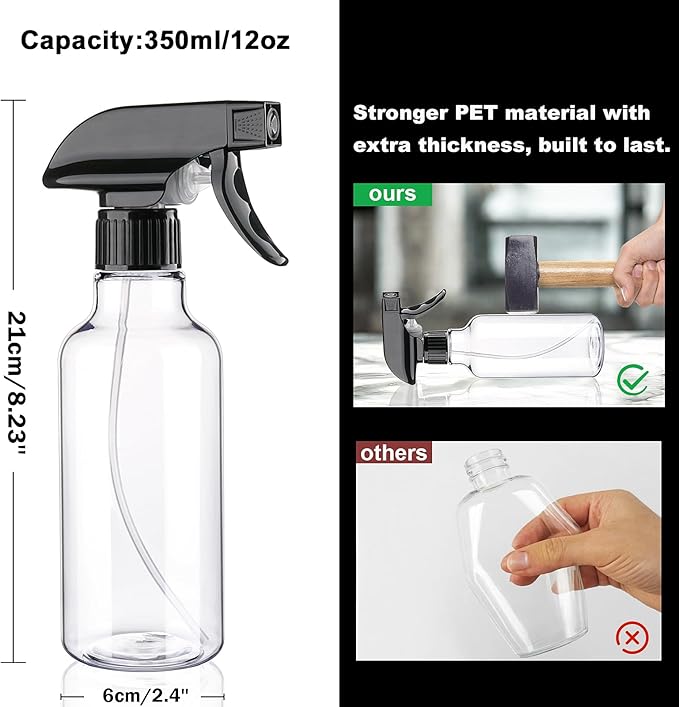 Plastic Spray Bottles 12oz 2 Pack Adjustable Mist/Stream Spraying Heavy Duty Square Water Spray Bottles for Hair, Cleaning Solutions, Plants, Cooking，BBQ，Essential Oils (BlackClear)