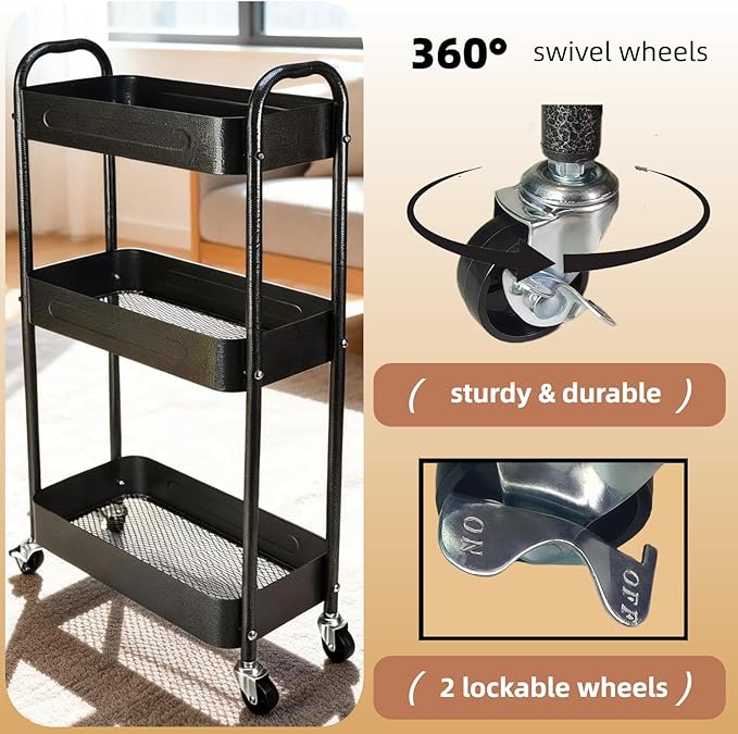 3 Tier Slim Metal Rolling Storage Cart for Laundry Room & Kitchen Organizer, 7.1'' Thin Standing Shelf for Narrow Spaces, Utility Cart with Wheels & Lockable Casters for Bathroom, Black