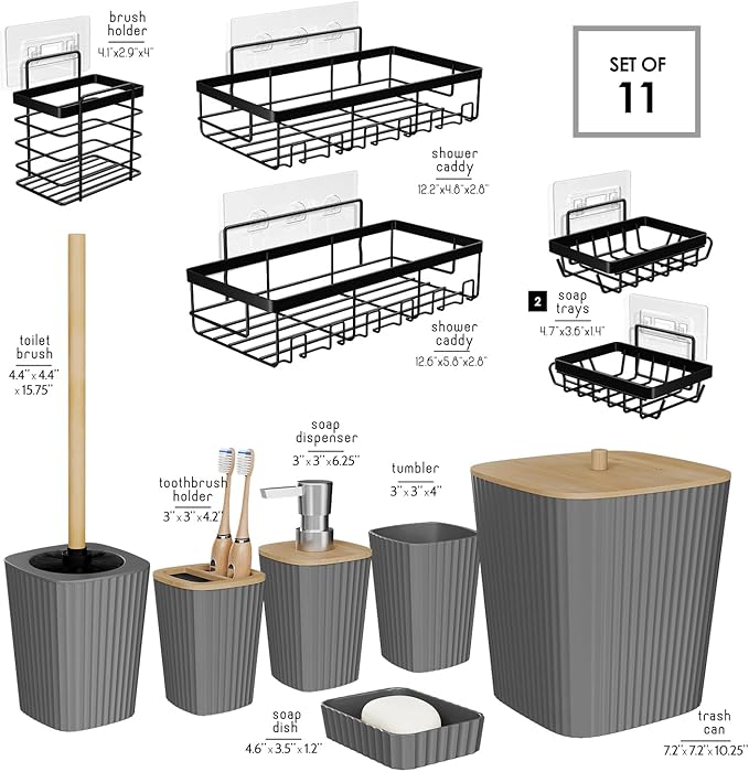Clara Clark Bathroom Set - Grey Bathroom Accessories Set, 6PC Bathroom Accessory Set, Bathroom Sets with Adhesive Corner Shower Caddy Hanging, Toilet Brush, Trash Can & Soap Dispenser