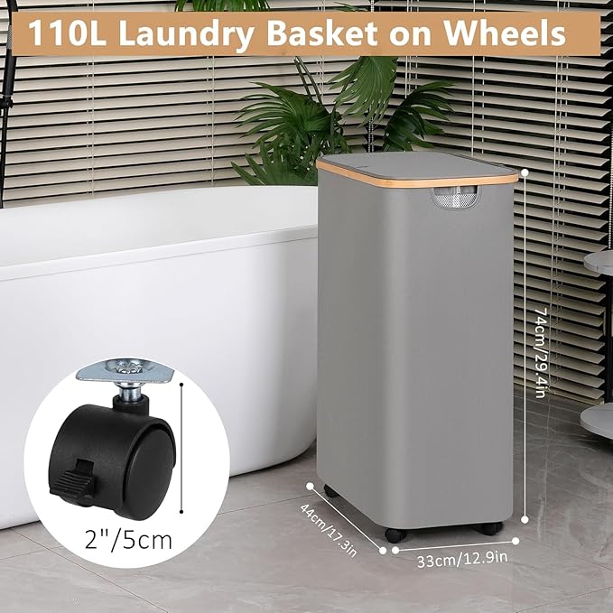 Laundry Basket with Wheels, 110L Clothes Hamper for Laundry, Laundry Hamper with Bamboo Lid and Inner Bag, for Laundry Room, Bedroom, Dormitory Storage,Pink