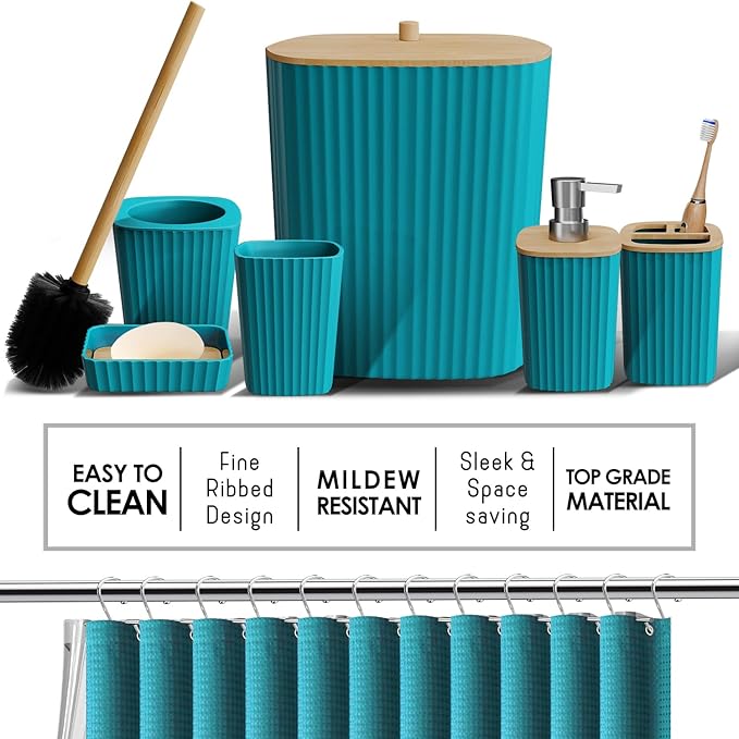Clara Clark Bathroom Accessories Set - Bathroom Set, Bathroom Accessory Set, Shower Curtain Set, Toilet Brush, Trash Can & Soap Dispenser - Teal - 20PC