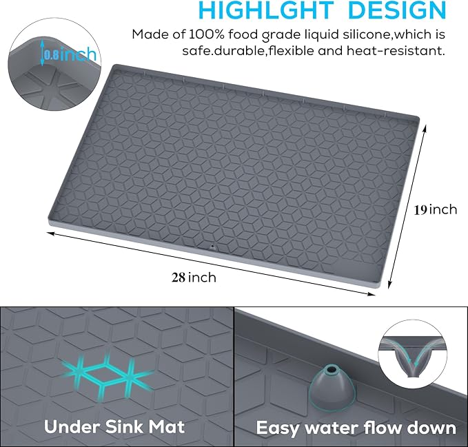 Under Sink Mat for Kitchen, Silicone Waterproof Liner, Flexible Organizer Tray with Drain Hole, 3.3 Gallons Capacity, Easy to Clean (Gray, 28x19)