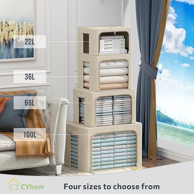 CYhom Clothes Storage Bins Box - Linen Fabric Foldable Stackable Container Organizer Set with Clear Window & Carry Handles & Metal Frame for Bedding, Blankets, Books (Beige, Medium-36L)