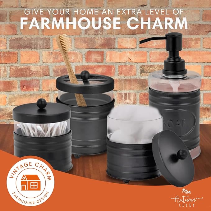 Autumn Alley Farmhouse Matte Black Bathroom Accessories Set (4 PCS) - Lotion Soap Dispenser, Black Toothbrush Holder Set, 2 Glass Apothecary Jars (Qtip Holder) - Rustic Bathroom Accessories Set