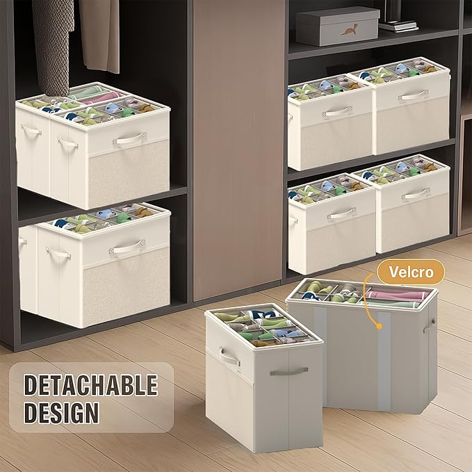 2 Pack Shoe Organizer for Closet, Clear Foldable Shoe Storage Containers Fits 14 Pairs,Shoe Storage Bins Baskets Boxes with Reinforced Handles Beige Shoes Organize