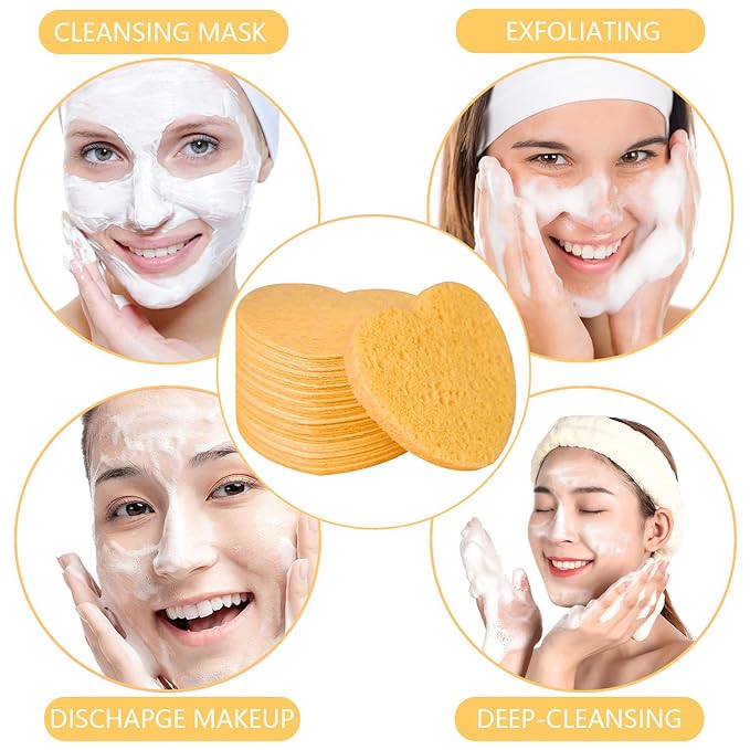100-Count Compressed Facial Sponges for Estheticians Heart Shape Natural Cellulose Sponge Cosmetic Spa Sponges for Face Cleansing, Massage, Pore Exfoliating, Mask, Makeup Removal, Deep Yellow