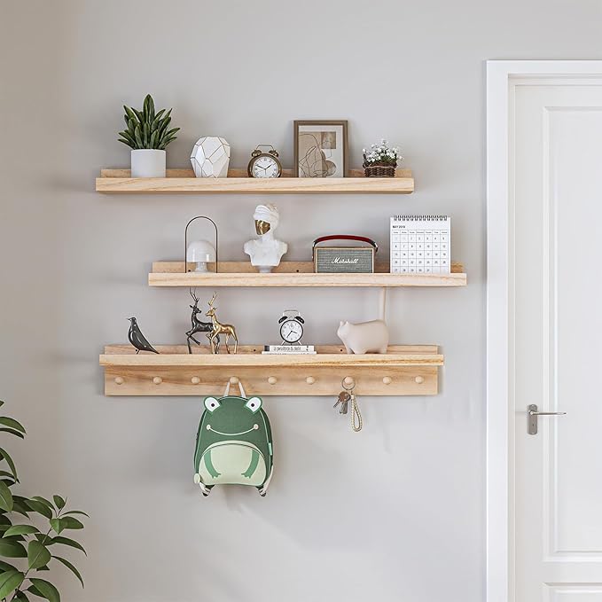 MBYD Natural Wood Shelf with Hooks, Floating Shelves for Wall Bathroom Shelves, Wall Mounted Nursery Bookshelf for Kids Room, Toy Storage Shelf for Bedroom Picture Ledge Shelves (Natural, 36 Inch)