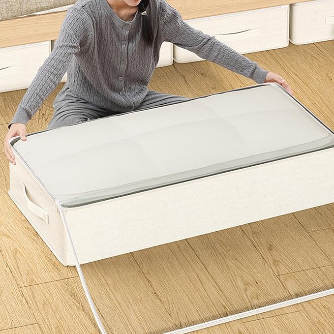 QTLCOHD 3 Pack Under Bed Storage Containers, 31.5 x 17.7 x 6 Inch Large Collapsible Beige Under Bed Drawer Storage Organizer with Handle and Lid for Clothes, Fabric, Blanket, Shoes, Sheet