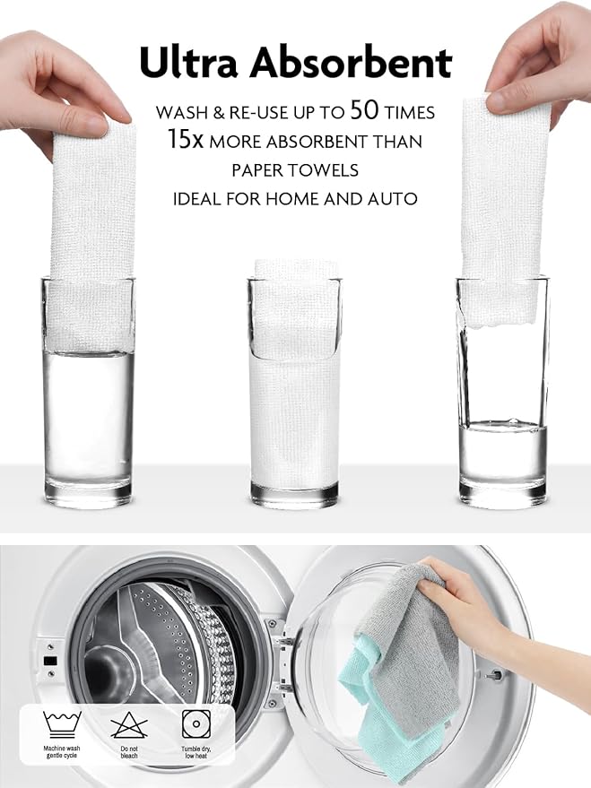 Fantasticlean Microfiber Cleaning Cloth Roll -60 Pack, Tear Away Microfiber Towels, 12" x 12", Reusable, Washable, Scratch Free, Ultra Absorbent Dishcloth for All-Around Cleaning (White & Blue)