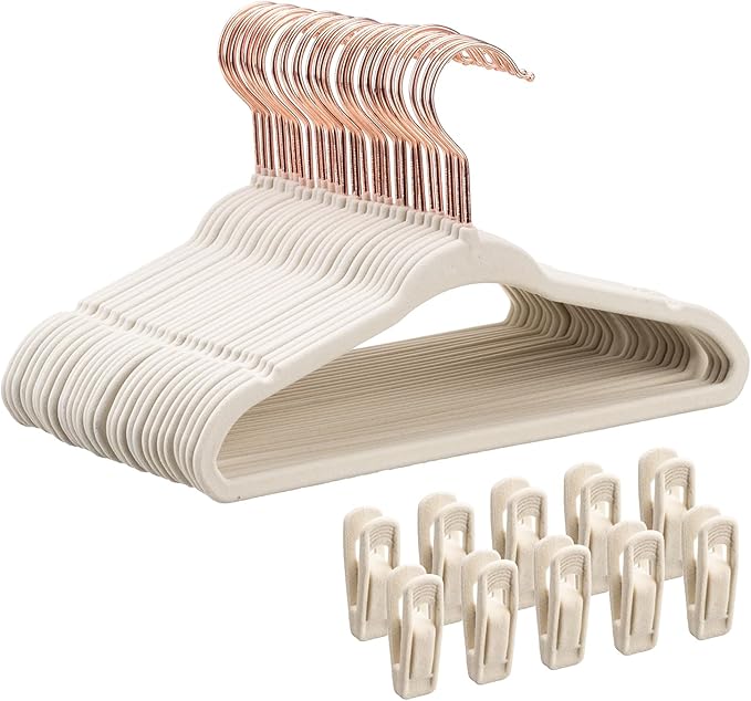 Baby Velvet Hangers 30 Pack - 11 Inch Premium Felt Non Slip Kids Hanger for Infant & Toddler Clothes - 0.2" Slim Space-Saving Baby Felt Hangers for Children's Closet with 10 Clips - Beige