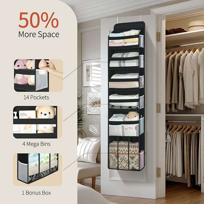 Yecaye 6 Tier Over the Door Organizer with Detachable Bin, Stuffed Animal Storage with Clear PVC Windows, Door Organizer Hanging for Bedroom Nursery Closet Dorm Room Laundry Pantry Bathroom, Black