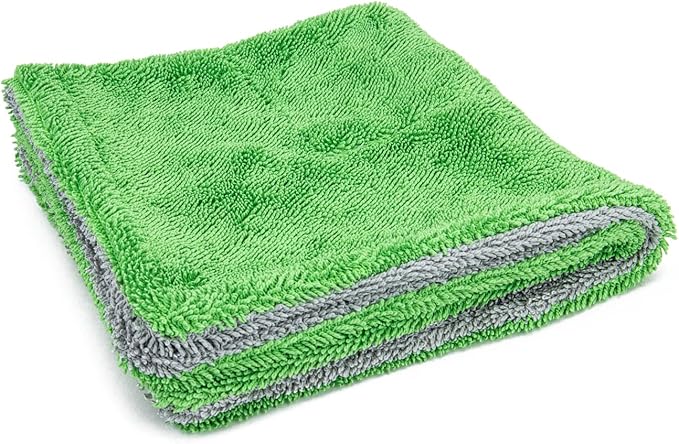 Autofiber Dreadnought Jr. Microfiber Car-Drying Towel, Superior Absorbency, Trucks and SUVs, Double-Twist Pile, One-Pass Vehicle-Drying Towel - Pack of 2, Green/Gray (16 inch x 16 inch)