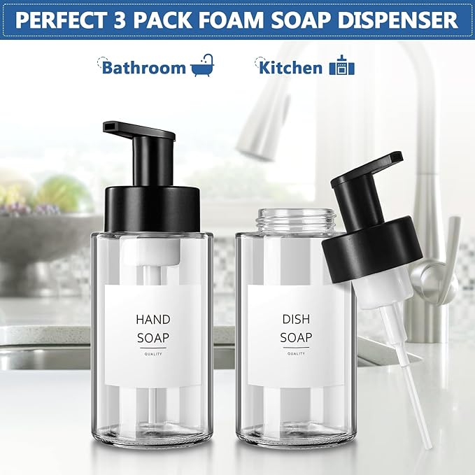 Foaming Soap Dispenser, 10 oz/300ml Foaming Hand Soap Dispenser, 3 Pack Glass Foaming Soap Dispenser for Bathroom & Kitchen, Clear Refillable Foam Soap Dispenser Bottle with Waterproof Labels
