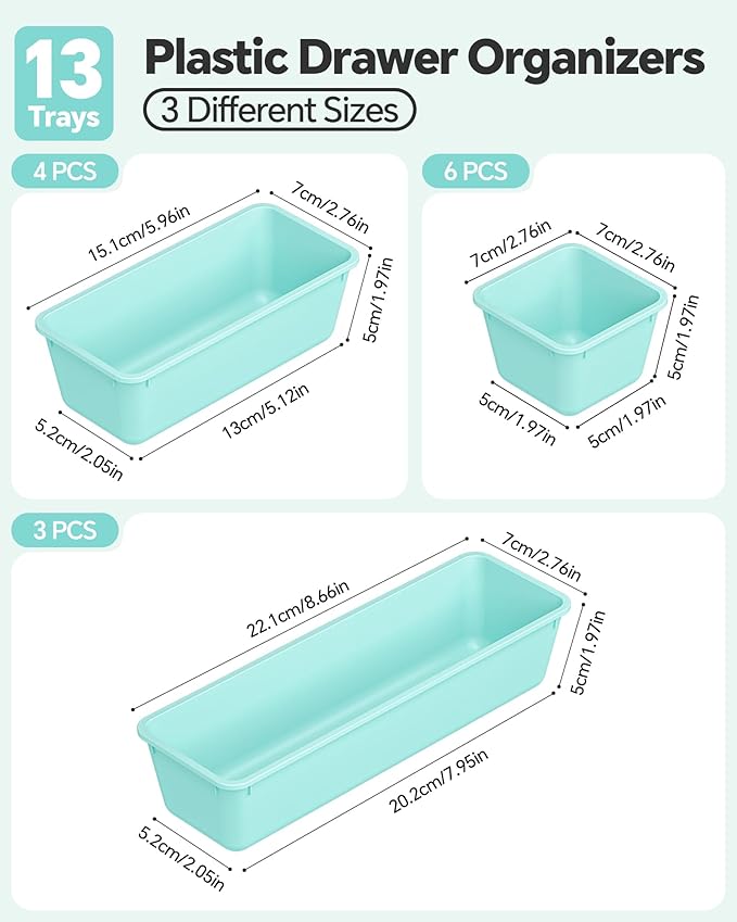 13 Pack Plastic Drawer Organizers Set, 3 Sizes Desk Drawer Organizer Trays for Vanity and Makeup Organizer, Organization and Storage for Makeup, Kitchen Utensils, Bathroom and Office(Blue)