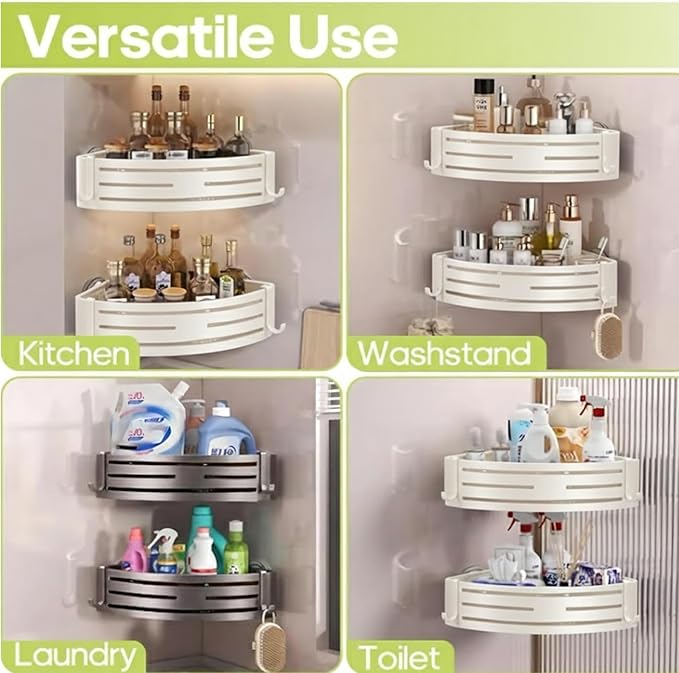 ONXE Corner Shower Caddy Suction Cup,Shower Shelves with Hooks,No Drilling Powerful Suction Bathroom Organizers and Storage,Removable Waterproof Rustproof Metal Shower Bathroom Decor (2 Pack-White)