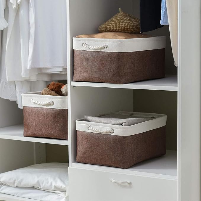 Sacyic Organization and Storage Basket for Organizing - 16x12x8 inch Large 4 Pack Fabric Storage Cube Collapsible Storage Bins for Shelves, Storage Box for Cloth Books Canvas(White & Flaxen)