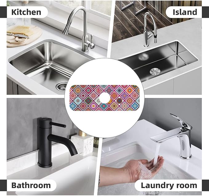Boho Mandala Bohemian Floral Kitchen Sink Splash Guard Faucet Mat Super Absorbent Fast Drying Mat Sink Gadgets-Fast Drying Pad Sink Mat For Kitchen Bathroom (15" X 5.5" )