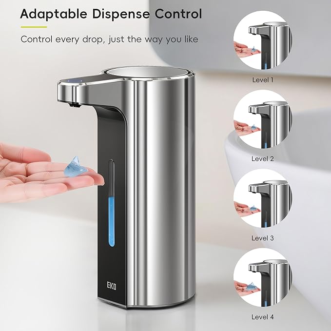 EKO Aroma Pro 13.5 fl oz Touchless Automatic Liquid Soap Dispenser, Rechargeable Hand & Dish Soap Dispenser for Bathroom and Kitchen, Waterproof, Adjustable Volume Control (Chrome Metallic)