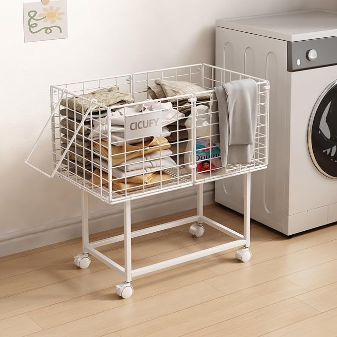 Rolling Laundry Cart, 80L Wire Laundry Hamper Basket on Wheels, Dirty Clothes Basket with Handle, Metal Clothes Hamper Organizer for Laundry Room, Bathroom, Bedroom, Dorm, White