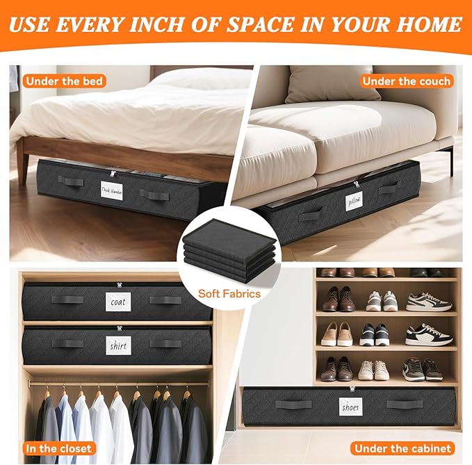 SpaceWhisper 90L Under Bed Storage Containers, 8-Pack Storage Bins with Clear Top, Foldable Closet Organizers and Storage with Label Holder for Clothing, Blankets, Comforter & Pillows(Black)