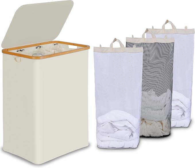 efluky Laundry Hamper with Lid, Trio Laundry Hamper with 3 Removable Bags, 3 Section Laundry Basket with Bamboo Handles for Bathroom, Bedroom & Laundry Room, 160L Beige