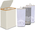 efluky Laundry Hamper with Lid, Trio Laundry Hamper with 3 Removable Bags, 3 Section Laundry Basket with Bamboo Handles for Bathroom, Bedroom & Laundry Room, 160L Beige