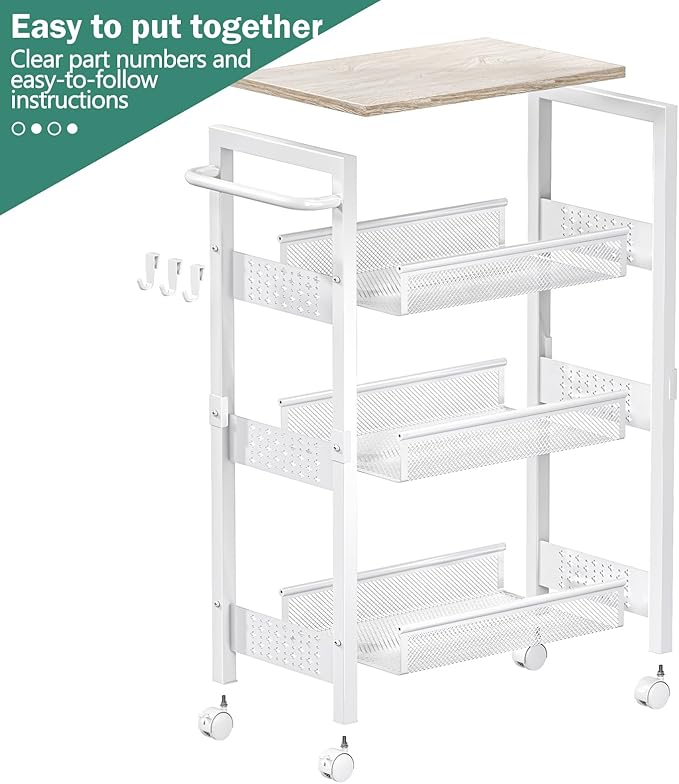 Utility Slim Storage Cart with Wheels, 4 Tier Small Rolling Cart with Wood Top, Metal Kitchen Bathroom Laundry Room Organization Trolley with Handle for Narrow Space - White