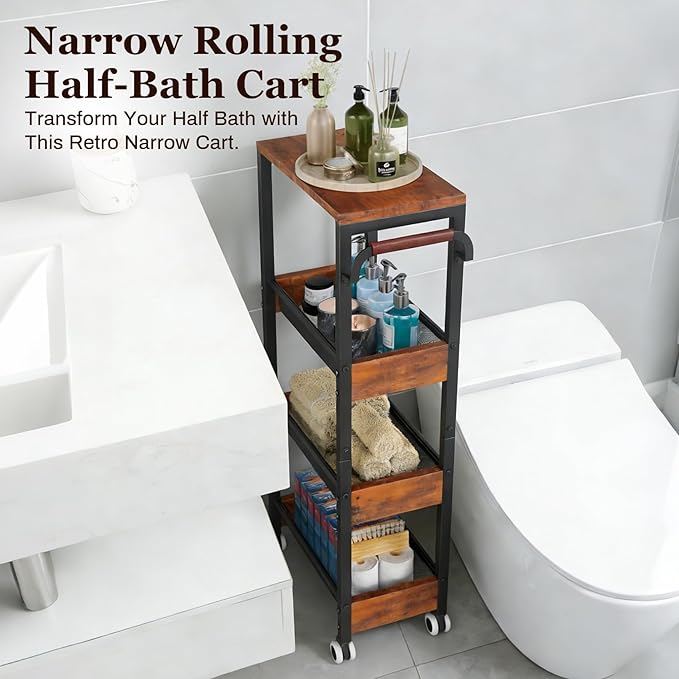 4 Tier Slim Rolling Cart with Wheels for Kitchen, Utility Narrow Storage Cart with Wood Top& Wood Handle for Small Space, Skinny Metal Organization Trolley Laundry Slim Storage Cart 7.9"