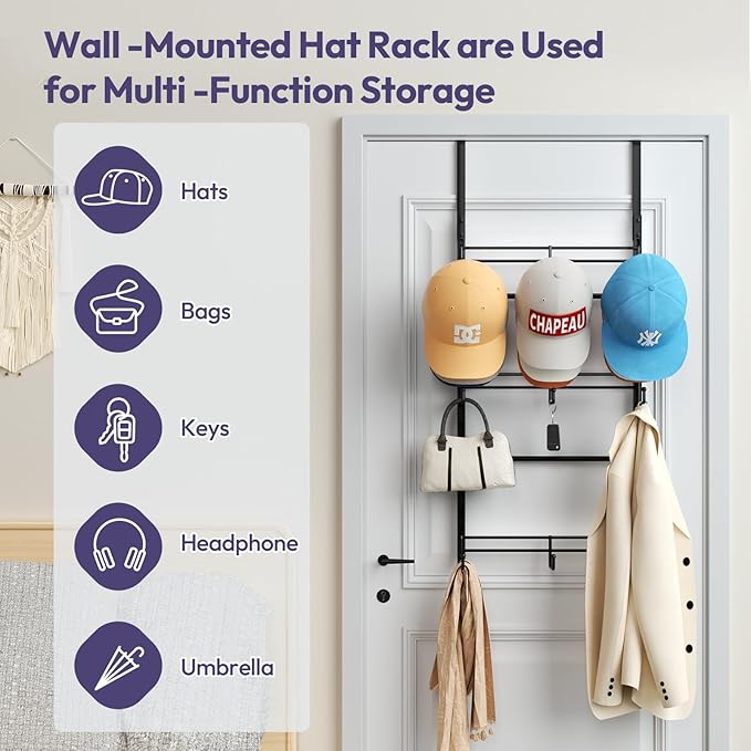 SWTYMIKI Over Door Hat Organizer - 3 Tier Metal Adjustable Wall Mounted Hat Rack with 9 Hooks Design, Hanging Baseball Cap Organizer Storage Holds up to 27 Caps for Door, Bedroom, Closet