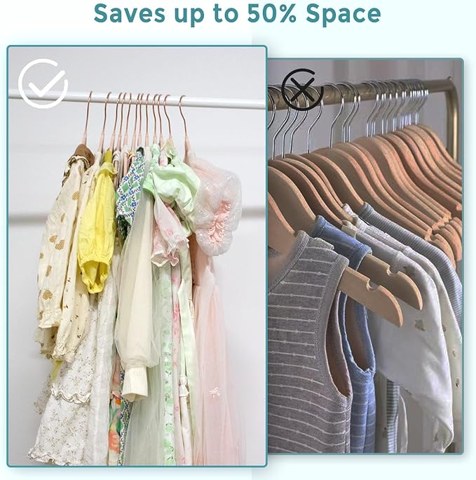 14 Inch Velvet Kids Hangers - 50 Pack Durable & Non-Slip Closet Organizers for Big Kids & School-Age Children, 0.2" Ultra Slim Space-Saving Design with 10 Clips Hanger - Pink