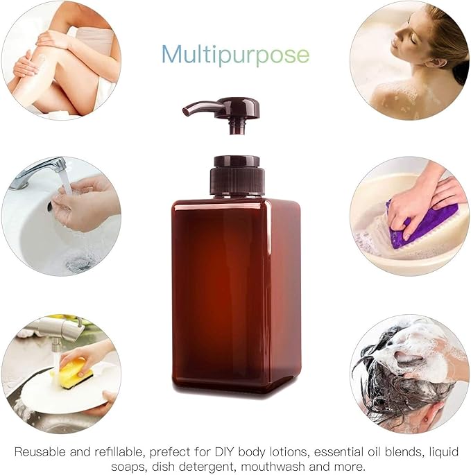 Pump Bottle, Refillable Plastic Empty Lotion Soap Dispenser Liquid Container for Bathroom Shampoo and Body Wash, 15oz/450ml Amber 2 Pack