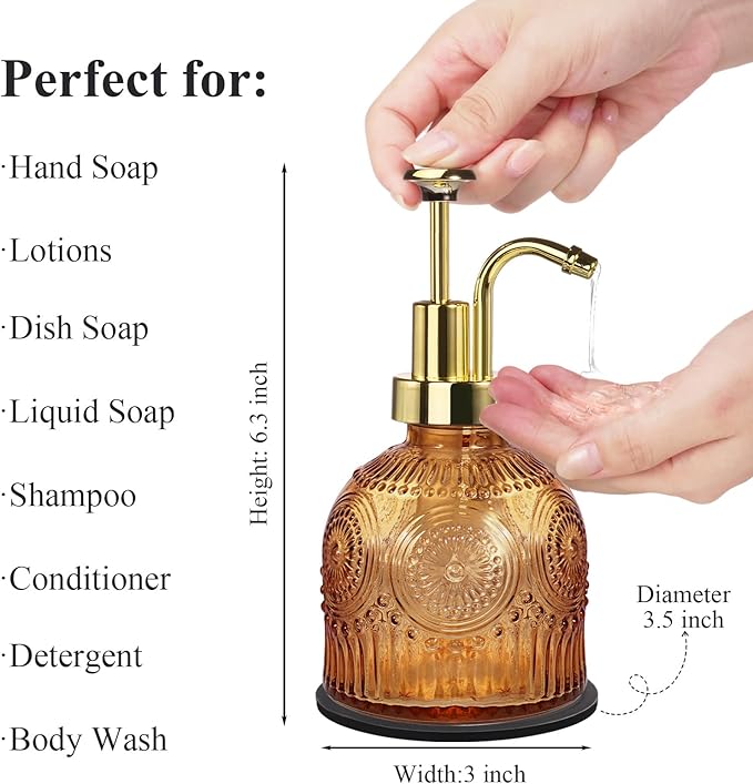 Amolliar 8 Oz Vintage Glass Bathroom Soap Dispensers with Pump, 2 Pack Refillable Kitchen Dish Soap Dispenser with Stripe, Antique Rustic Hand Soap Liquid Bottle (Brown-Golden Pump)