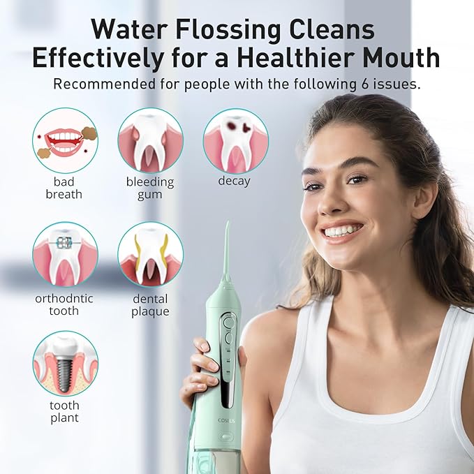 COSLUS Water Dental Flosser Teeth Pick C20(F5020E): Portable Cordless Oral Irrigator 300ML Rechargeable Travel Irrigation Cleaner IPX7 Waterproof Electric Flossing Machine for Teeth Cleaning, Green