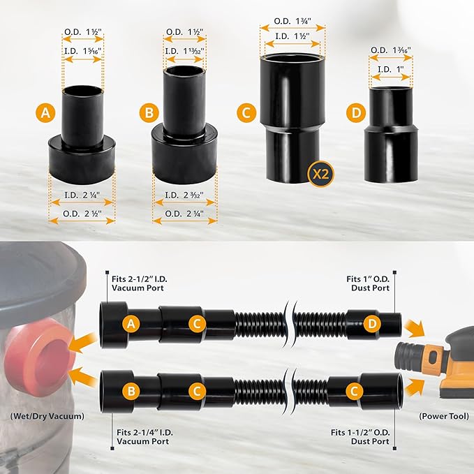 POWERTEC 70510 10 Ft. Vacuum Hose Dust Collection Kit with 5 Fittings, Tapered Reducer and Quick Connect Dust Port Adapter for Woodworking Power Tools, Home and Wet/Dry Shop Vacuums