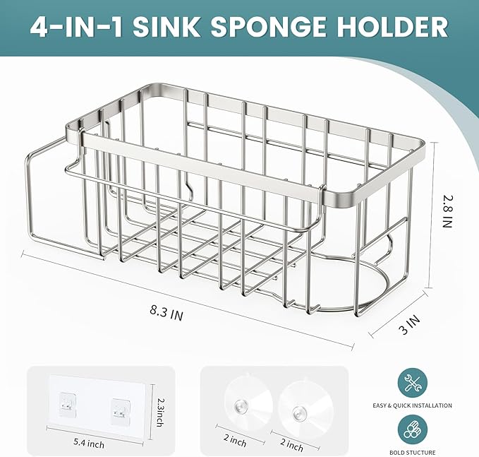 StorageRight 4-in-1 Sponge Holder for Kitchen Sink, Sink Caddy Organizers and Storage with Adhesive Hook & Suction Cups, Rustproof Kitchen Sink Organizer for Home Decor - Silver