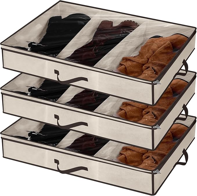 SATINIOR 3 Pcs 3 Section Under Bed Shoe Storage Boot Bag Beige and Brown Underbed Shoe Organizer with Large Clear Pockets Fabric for Storage Men's and Woman's Boots