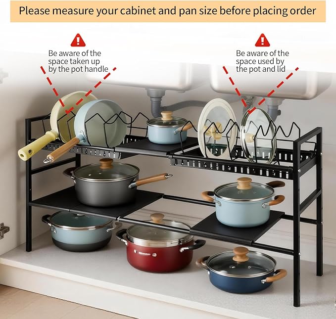 Pots and Pans Organizer Under Cabinet, Expandable Length, Adjustable Height Under Sink Shelf 2 Tier with 5 Dividers Under Cabinet Shelf, Metal Frame for Bathroom Kitchen Pantry Cabinet (Black)