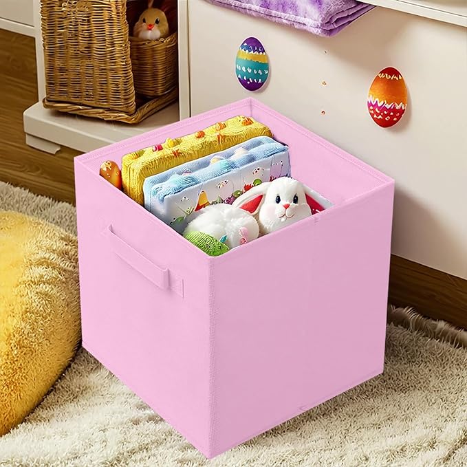 PowerKing Collapsible Storage Cubes with Handles, Fabric Foldable Bins for Closet Shelves, Durable Organization Storage Bins, 10.5'' x 11'' x 10.5'', 6 Pack, Pink