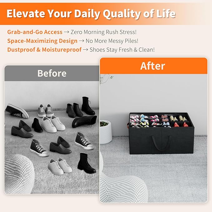 Aokeyee 2 Pack Shoe Organizer for Closet, Large Shoe Storage Box Fits up to 48 Pairs, Space Saving Foldable Shoes Organizer Bin w/Clear Cover and 4 Reinforced Handles, Black
