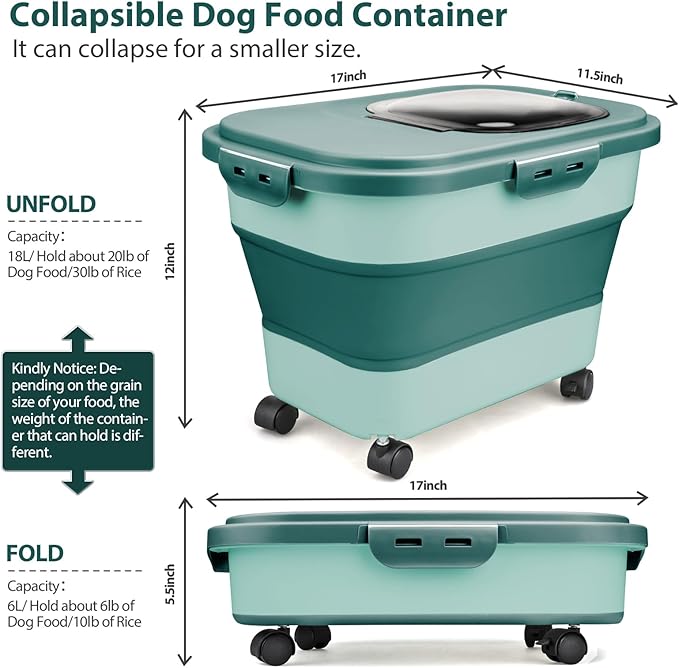 Dog Food Storage Container, 10-20Lbs Collapsible Pet Food Storage Containers with Rolling Wheel Airtight Locking Lid, Dry Food Storage Bin with Cup and Scoop,Suitable for Pet Food, Flour, Rice