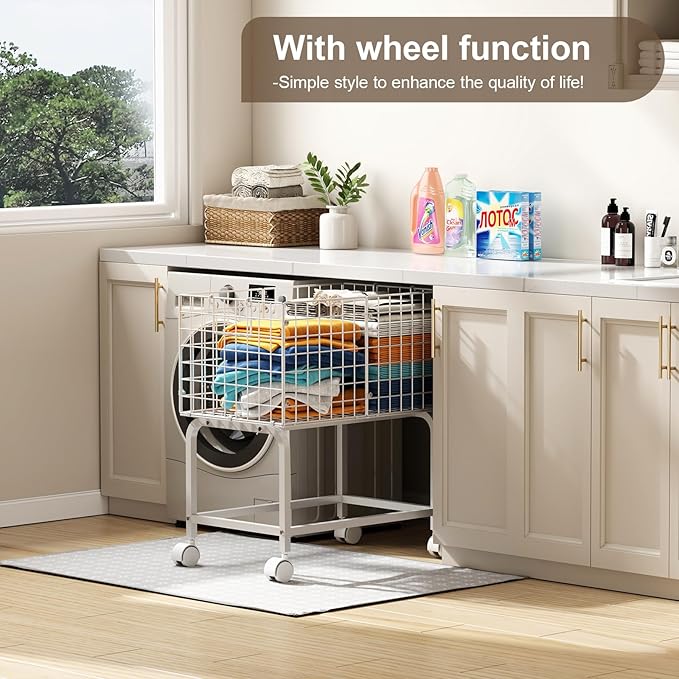 Wire Laundry Hamper Cart,80L Laundry Hamper Trolley with Pull Handle,White High Laundry Basket Cart for Laundry Room,Bathroom,Bedroom-White（23.6 * 15.75 * 28inch）