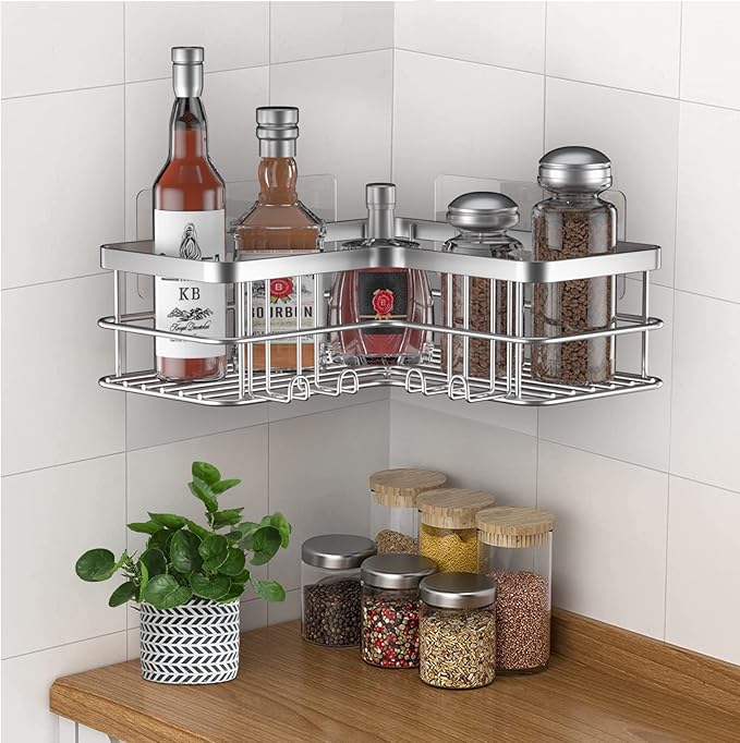 Yazoni Corner Shower Caddy, 4-Pack Adhesive Shower Shelves with Soap Holder No Drilling, Rustproof Bathroom Shower Organizer Storage, Silver
