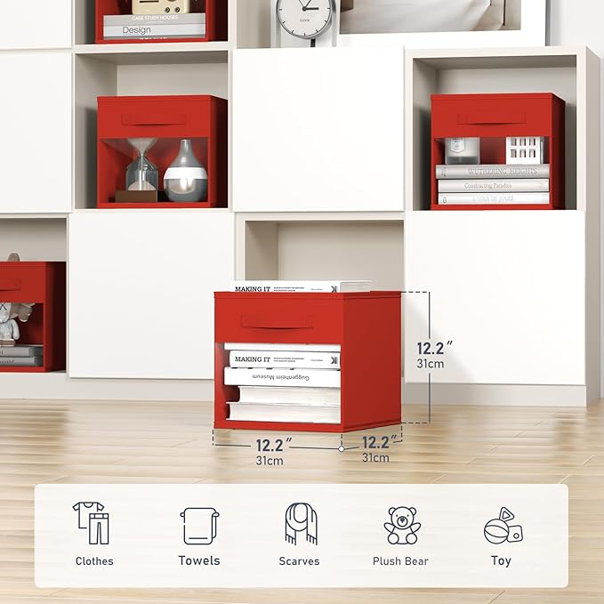 DIMJ Cube Bins, 12.2-Inch Storage Bins Cubes with Window, 6 Packs Collapsible Storage Bins with Handles, Closet Storage Baskets for Organizing Living Room, Office, 6 Pack,Red
