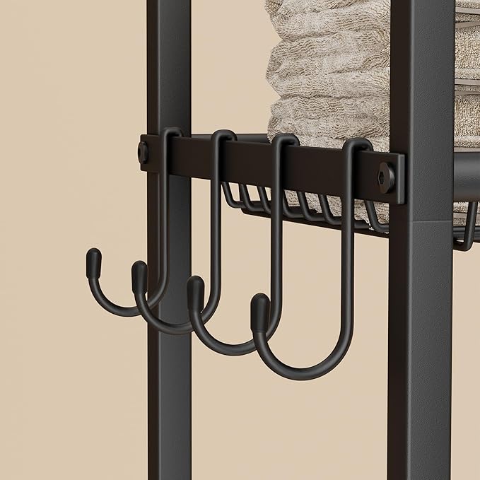 4-Tier Over The Toilet Storage, Bathroom Organizer, Space-Saving, Above Toilet Storage Rack with 4 Hooks and Paper Holder, Metal Shelf, Black