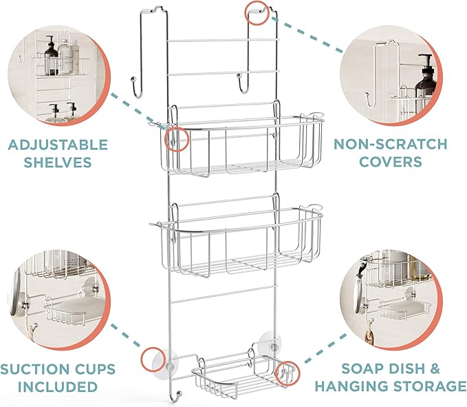 Zenna Home Shower Caddy Hanging Over the Shower Door Organizer, Stainless Steel Rack with 2 Shelves and Built in Hooks, Bathroom Organizer Shelf for Inside Shower, Chrome