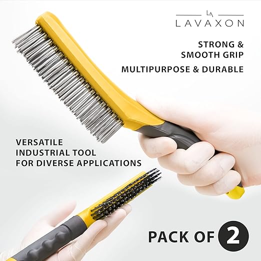 Wire Brush Set-Heavy Duty Stainless & Carbon Steel Bristles with Plastic Handle Grip for Rust, Wielding Slag, Dirt & Paint Scrubbing with Deep Cleaning – 10 Inches (Pack of 2-Yellow)