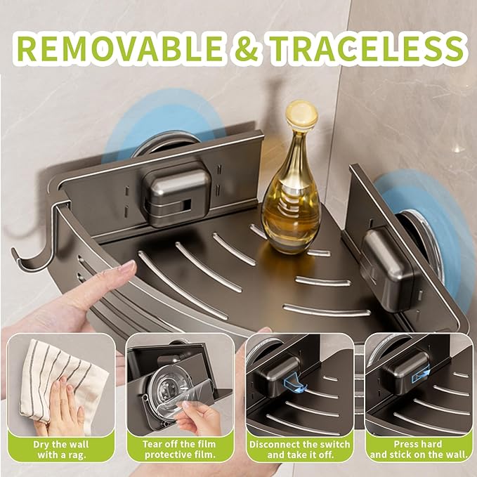Shower Caddy Suction Cup, No Drilling Rustproof Bathroom Shower Shelf,Hanging Corner Shower Shelves with 6 Portable Hooks, Removable Bath Organizer with Towel Bar for Bathroom Storage(Gray)