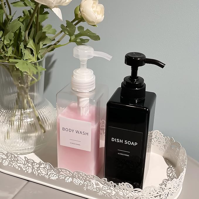 Soap Dispenser with Waterproof Labels, Thickened Plastic Hand Soap Dispenser for Bathroom, Kitchen Dish Washing Liquid Bottles, Shampoo and Conditioner Bottles with Funnel (16oz 4Pack Black Clear)