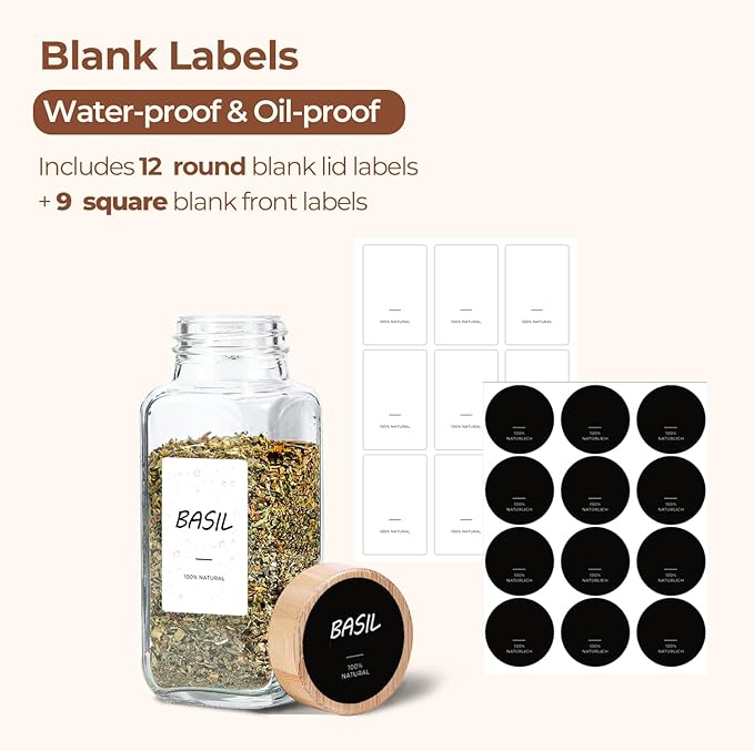 ComSaf 8 oz 6Pcs Glass Spice Jars with Label, Empty Spice Containers with Bamboo Lids, Square Seasoning Containers Trial and Supplement Set, Small Seasoning Bottles for Salt, Herbs, Sugar, Pepper